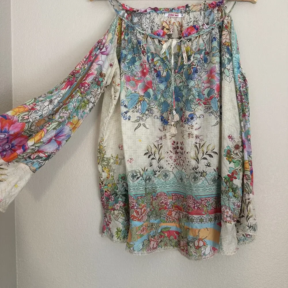 Johnny Was Daria Silk Blouse, Boho Chic, 100% silk, vacation, resort, Medium - Picture 4 of 11